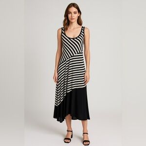 Ellen Parker dress sleeveless stretchy white/black stripes sheer black trim